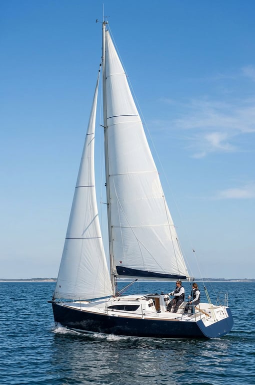 Sleek RM 800 hull with tall mast and white deck underway in moderate wind