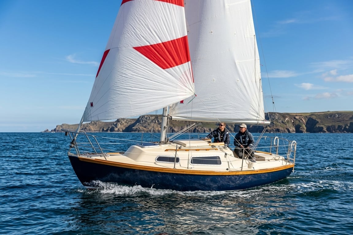 Close-up of Hurley 22 hull, bilge keels and deck hardware