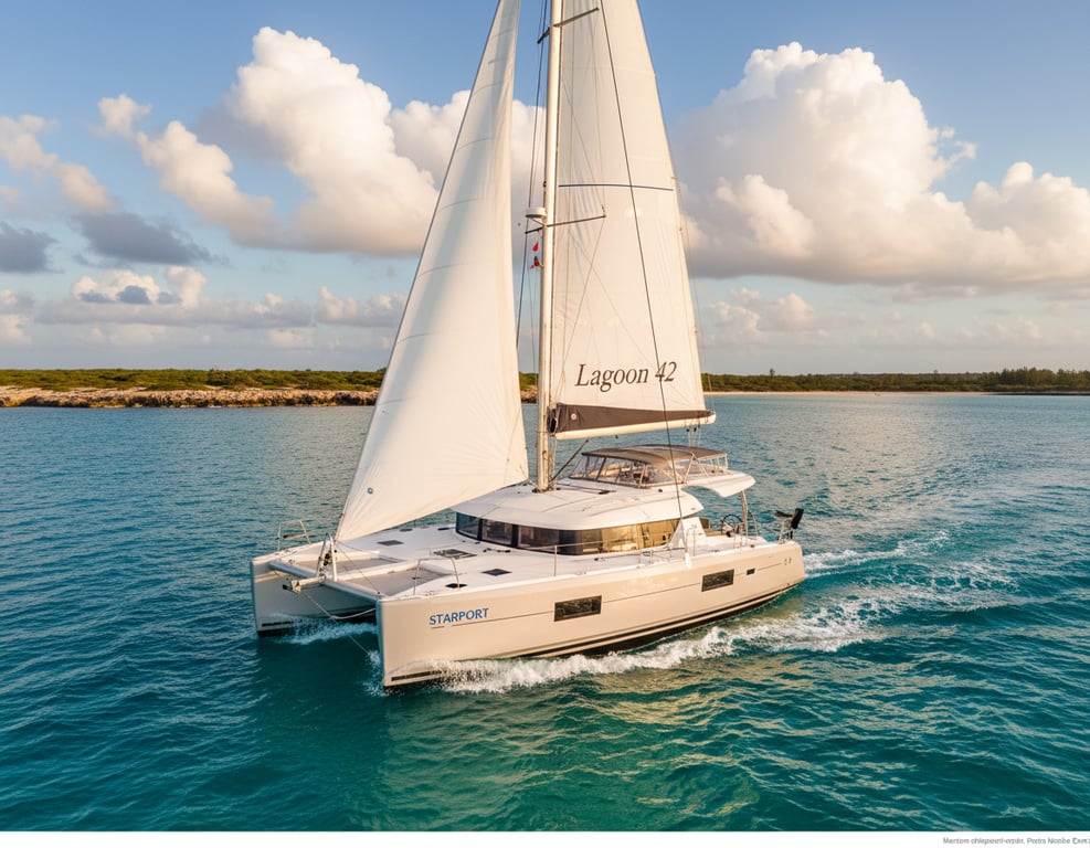 Sleek Lagoon 42 sailing catamaran underway on blue ocean, full mainsail and genoa, beam reach angle
