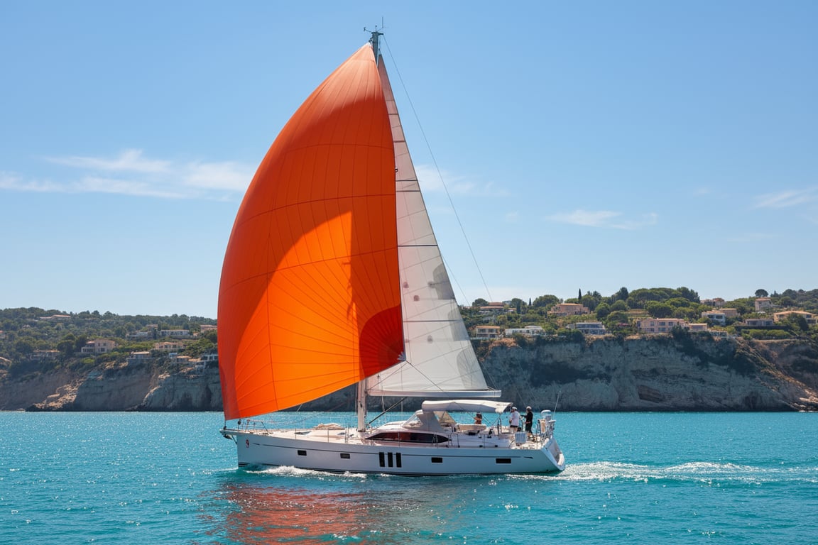 Oyster 565 under sail, beam reach, large genoa, crew handling sheets, sparkling ocean waves