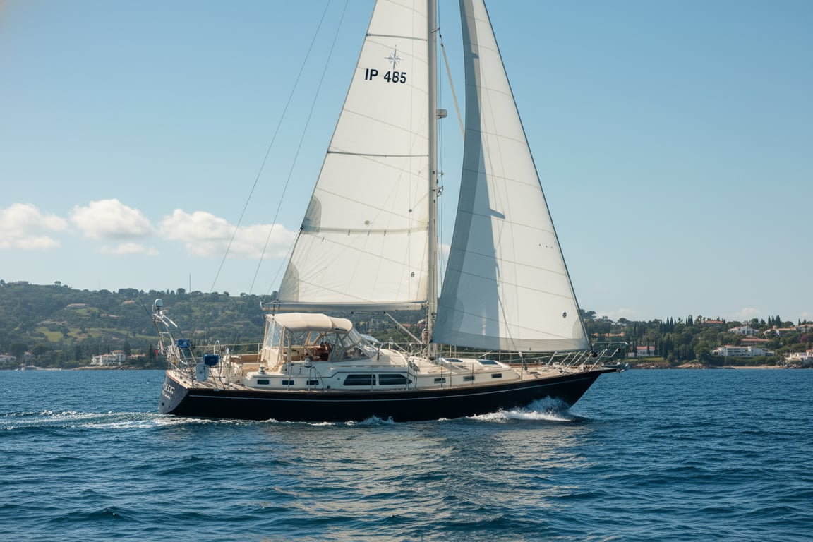Island Packet 485 bluewater cruiser at anchor in calm bay, bow-on perspective showing spoon bow and deck details