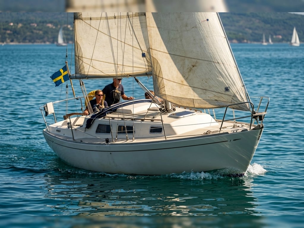 Marieholm 26 under full sail heeling slightly in moderate breeze
