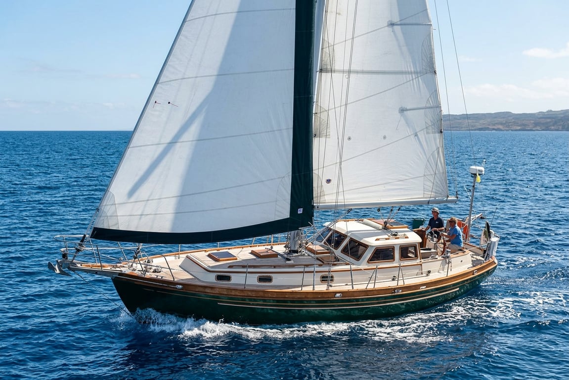 Tayana 37 cutter under full sail on open ocean with classic hull lines
