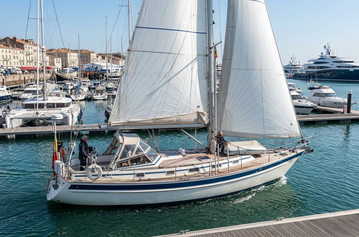 Close up of Malo 42 hull and deck with teak details and rigging