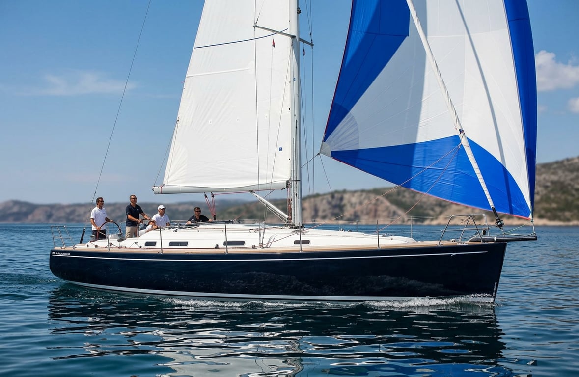 Salona 45 heeling gently during upwind sail test with crew on deck