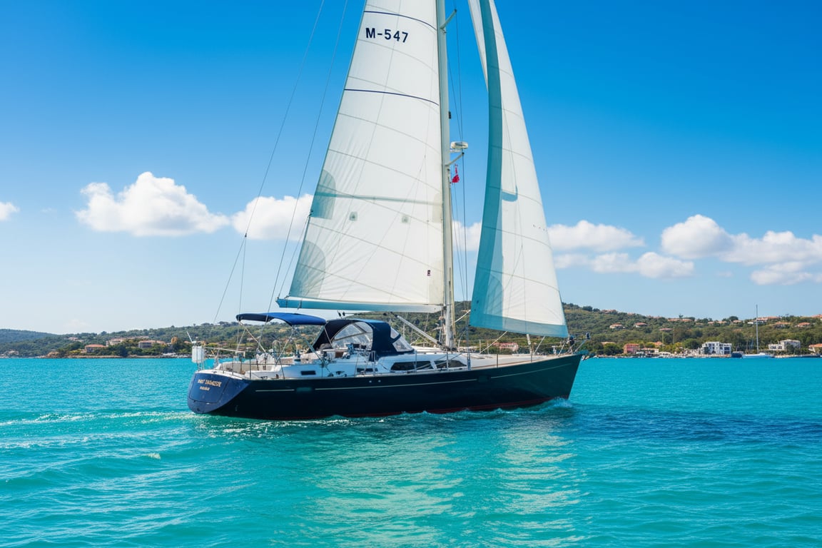 Moody 54 sailing yacht under full sail on open sea, port beam view, large genoa and mainsail