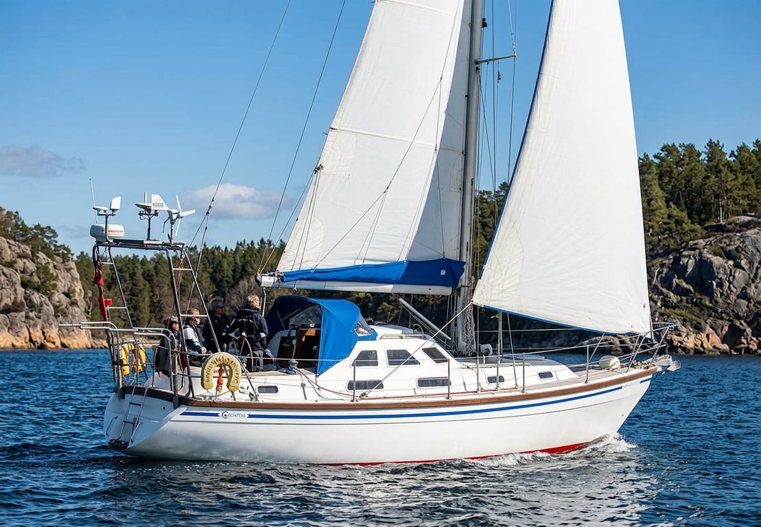 Close-up of Colvic Countess 35 GRP hull and deck joint with teak toerail details