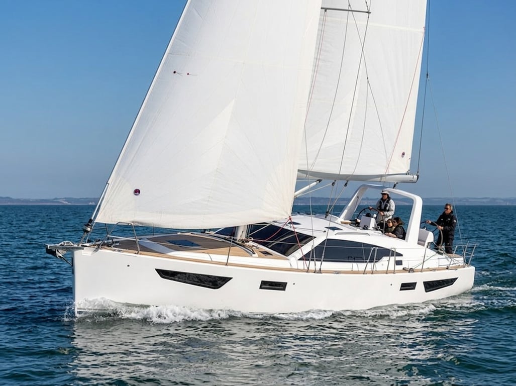 Southerly 42/420 under sail highlighting clean deck lines and twin rudders