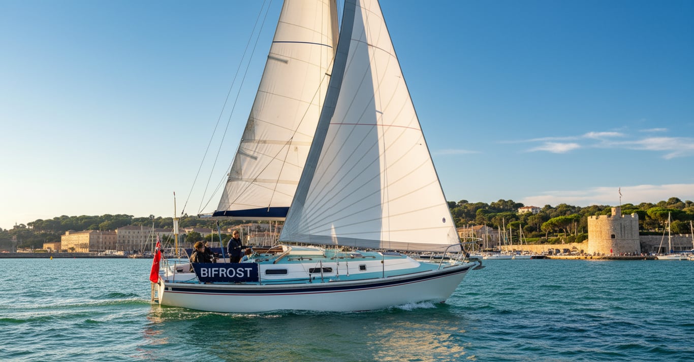 White Westerly Konsort 29 sloop at anchor in calm harbor, port side view showing fin keel and bermudan rig