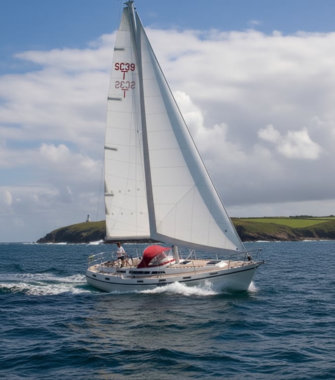 Nautical 39 motor yacht cruising calm blue waters, stern view showing spacious swim platform