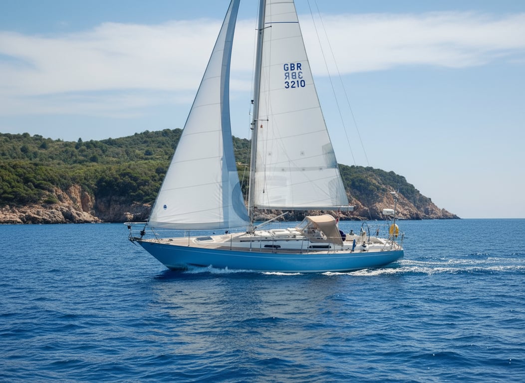 Contessa 32 classic sloop racing, heeling hard, white sails full, choppy sea conditions