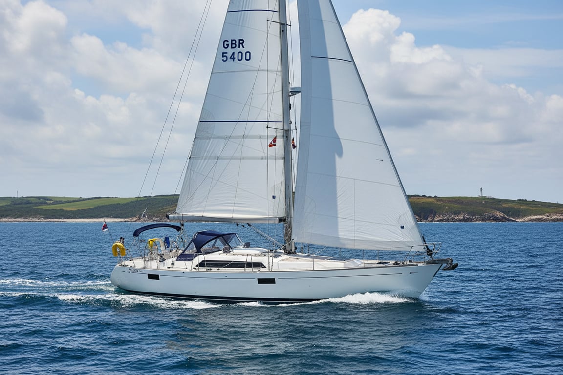Sleek Moody 54 yacht from aft angle in calm waters, bimini top, white hull, polished stainless rails