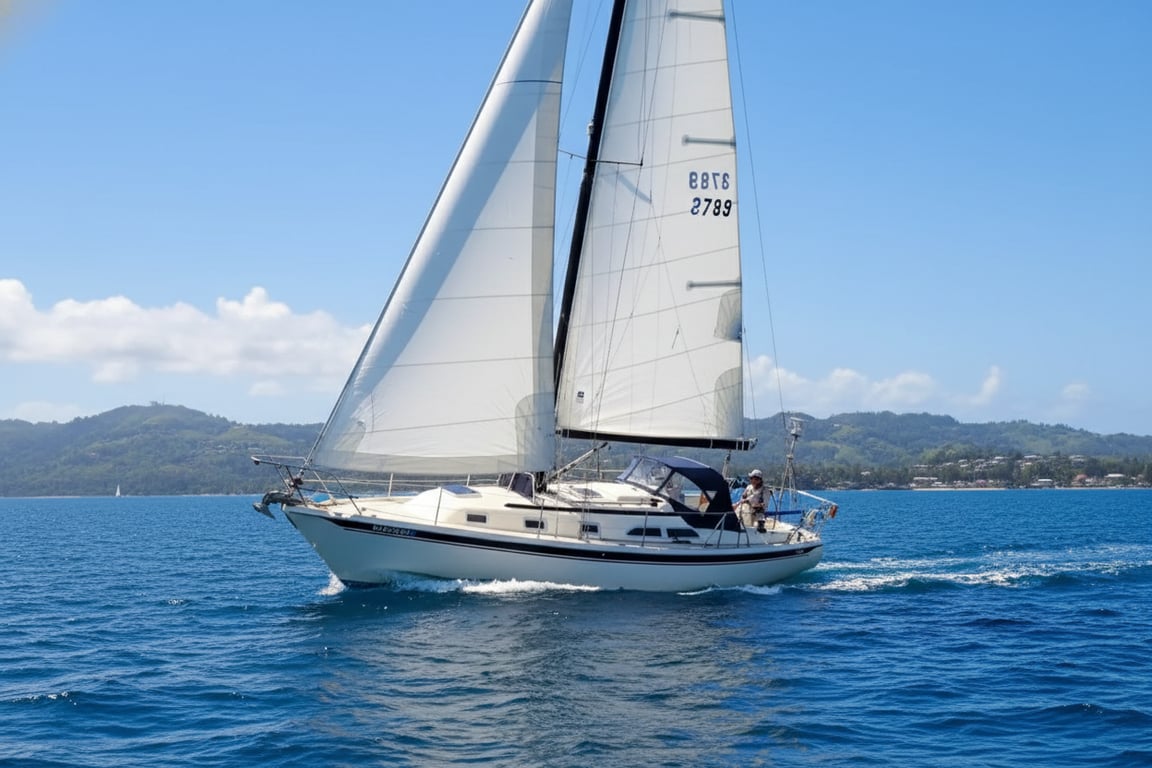 Ericson 35-3 sailboat under full sail on open water, white hull, red cove stripe, broad reach angle