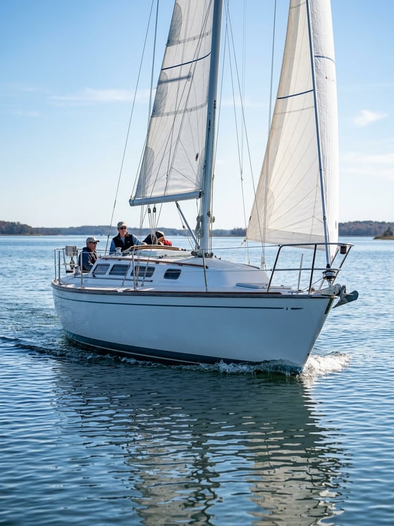 S2 10.3 sailing upwind with crew trimming sails and heel angle visible
