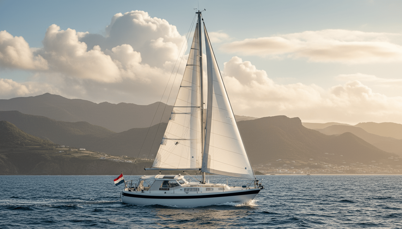 LM 32 motorsailer sailing on open sea, full sails hoisted, white hull cutting waves, aft perspective