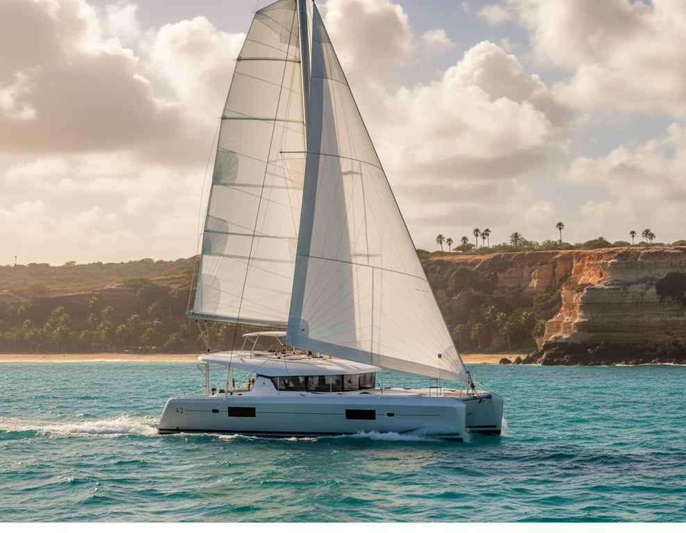Lagoon 42 catamaran at anchor in calm turquoise waters, white hull, flybridge, side profile view