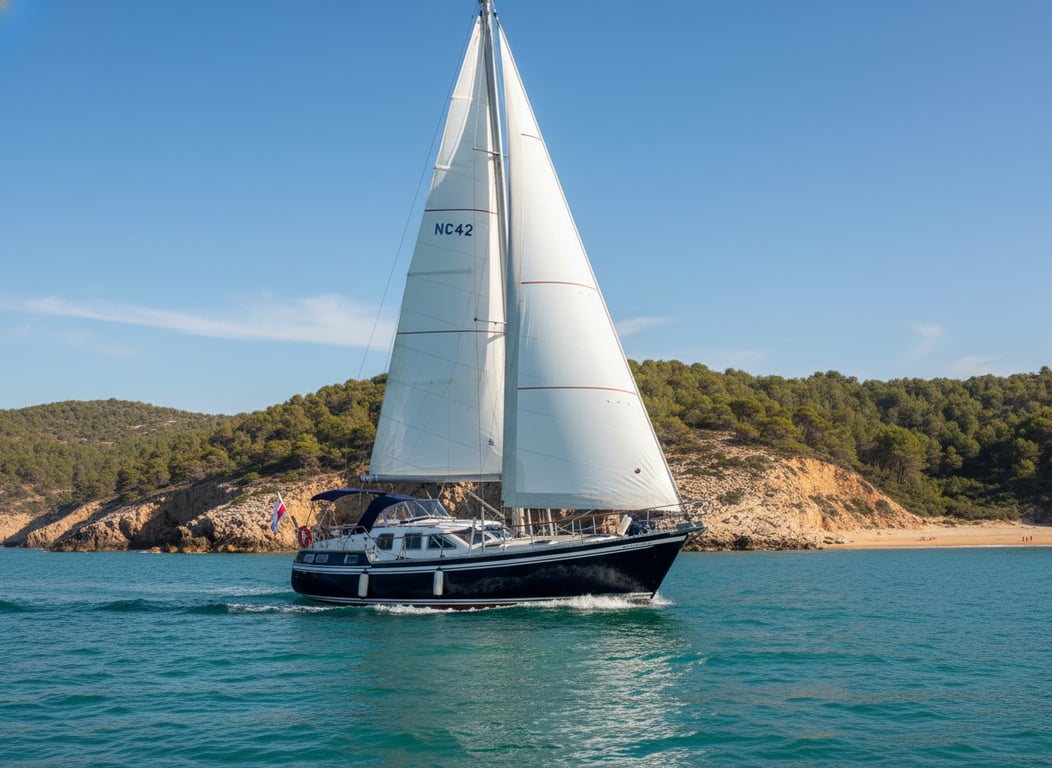 Nauticat 42 pilothouse ketch from stern angle, moored marina dock, wooden accents, blue water backdrop
