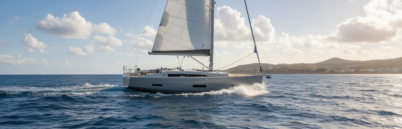 Dufour 390 Grand Large sailing yacht with white hull moored in marina, starboard side view, clear skies