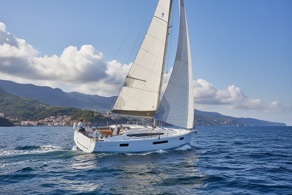 Jeanneau Sun Odyssey 410 yacht interior saloon with modern wood paneling, large windows, U-shaped settee