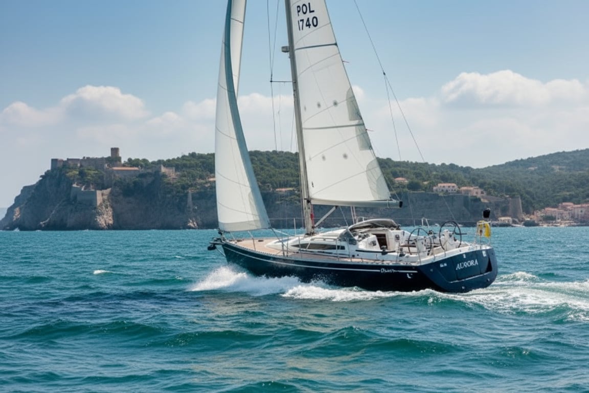 Sleek Delphia 37.3 from stern, anchored in turquoise bay, open transom, stainless steel davits, sunny conditions