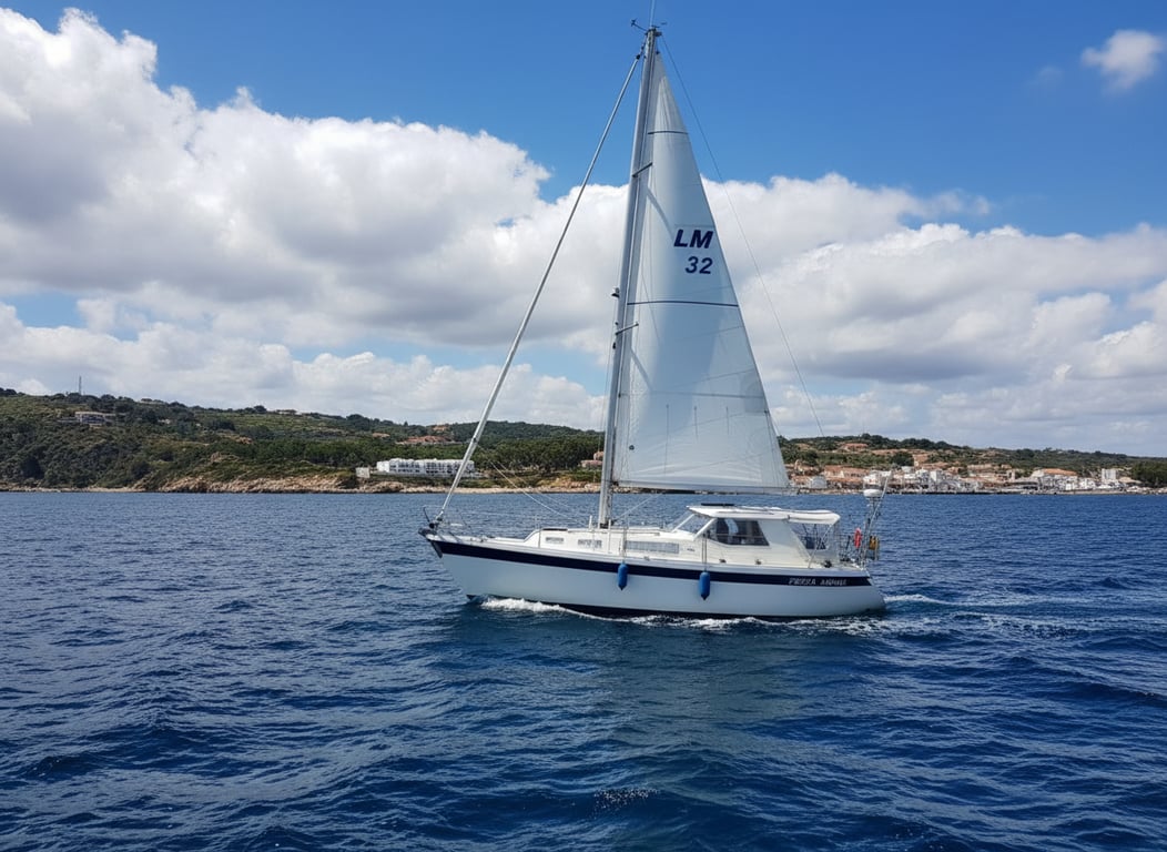 LM 32 pilothouse from bow, enclosed helm, solar panels on coachroof, anchored in harbor