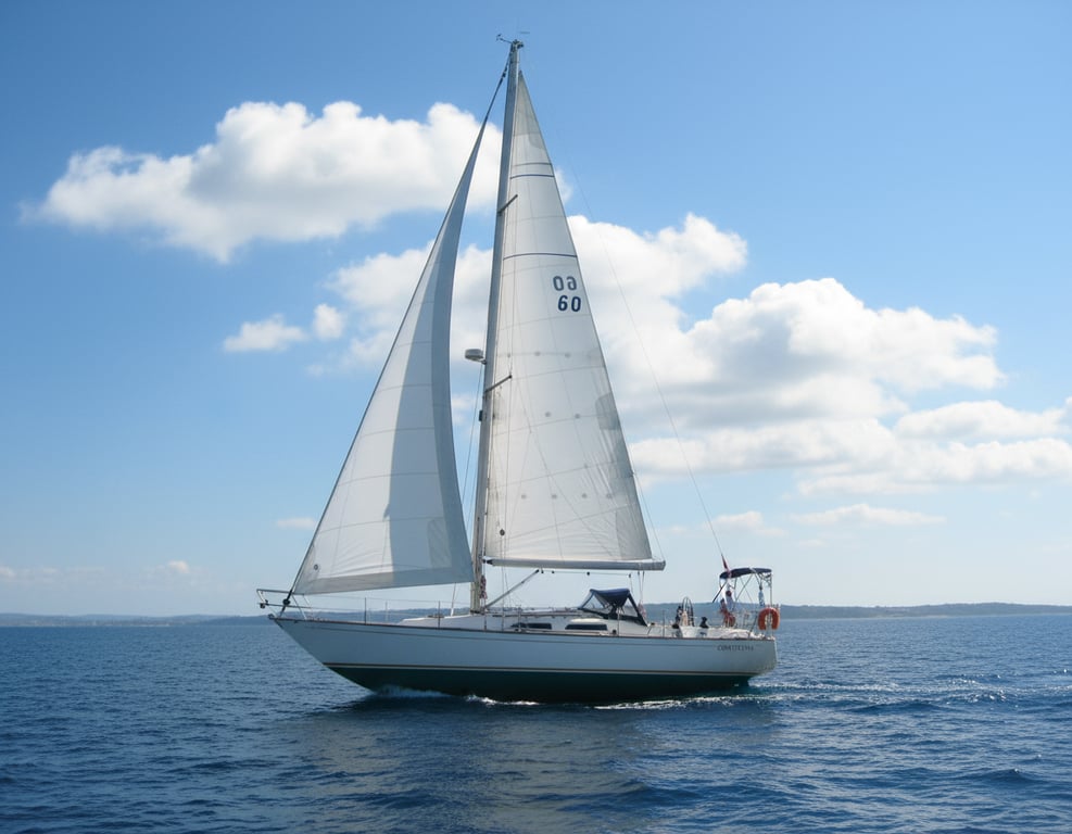 Contessa 32 sloop moored in marina, cream hull, teak deck, port side view at sunset