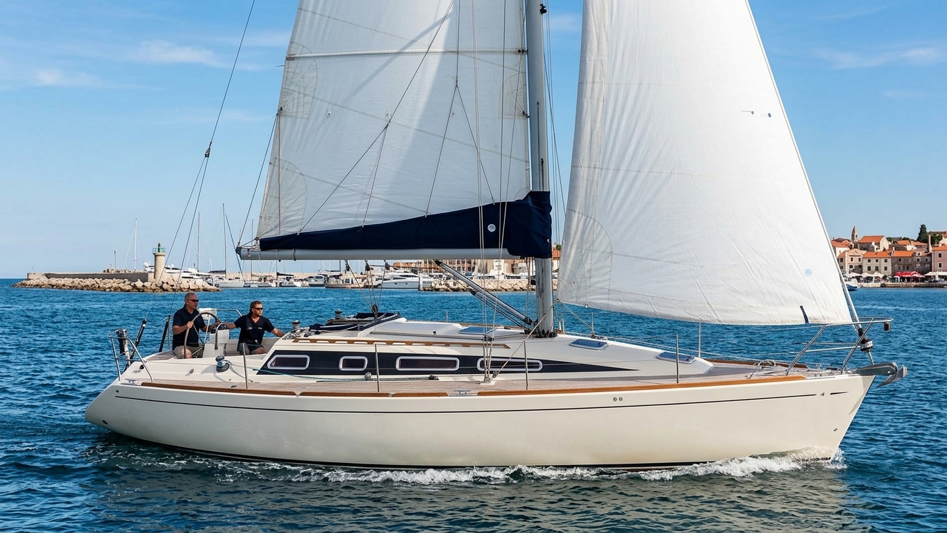 Close view of Feeling 1090 hull lines and deck hardware