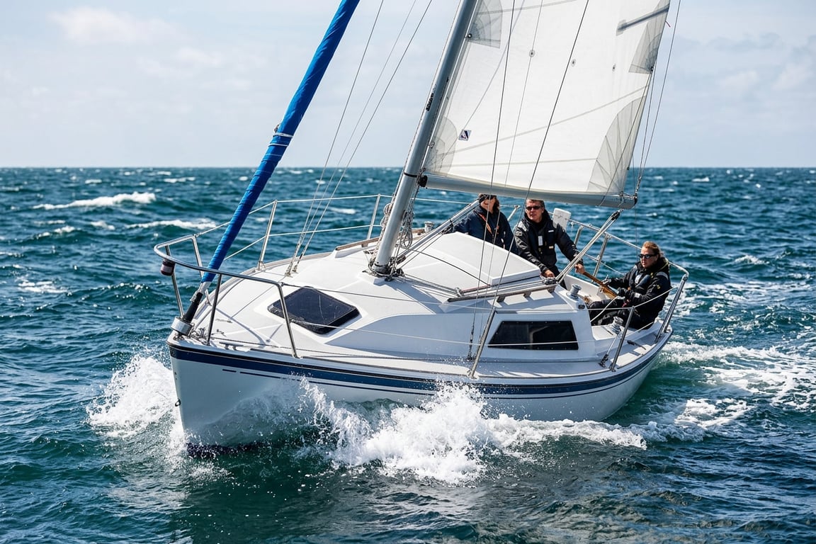 Compact cockpit showing wheel and engine controls on an Irwin 10/4 sailboat