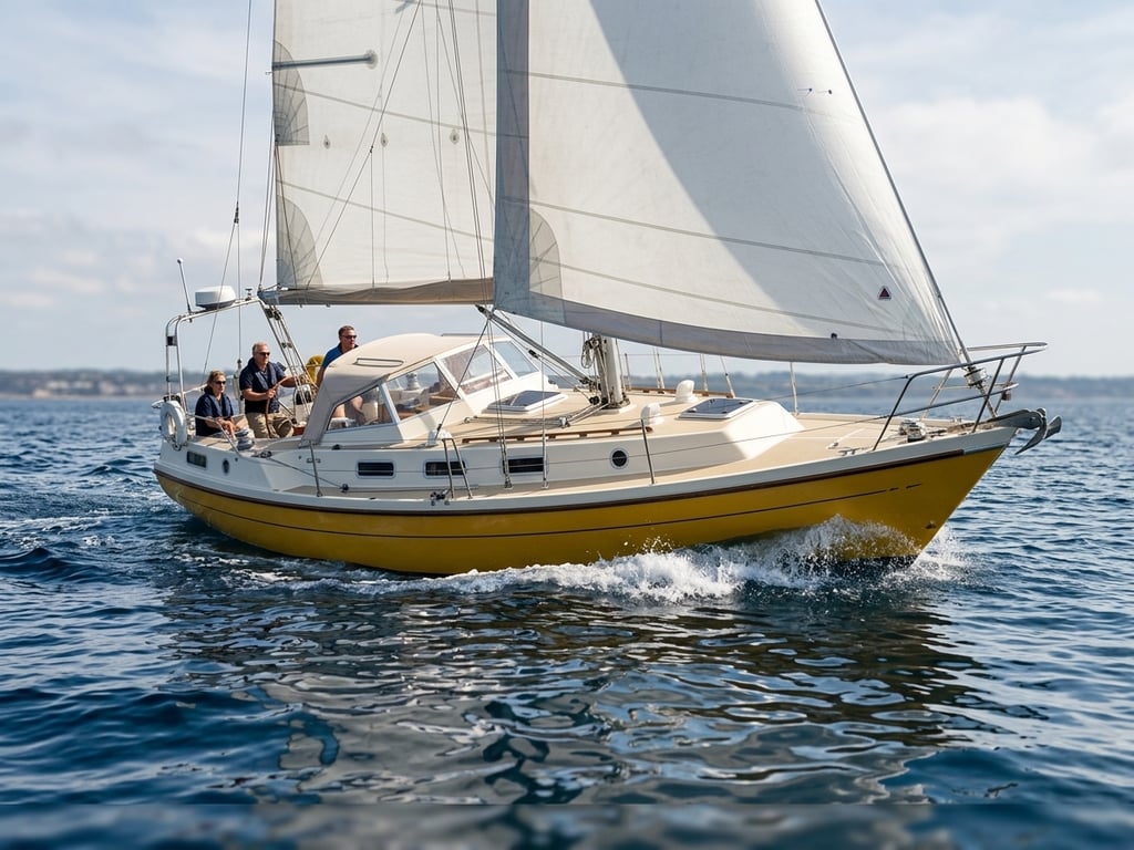 Mirage 37 heeled over on a reach sailing close to shoreline