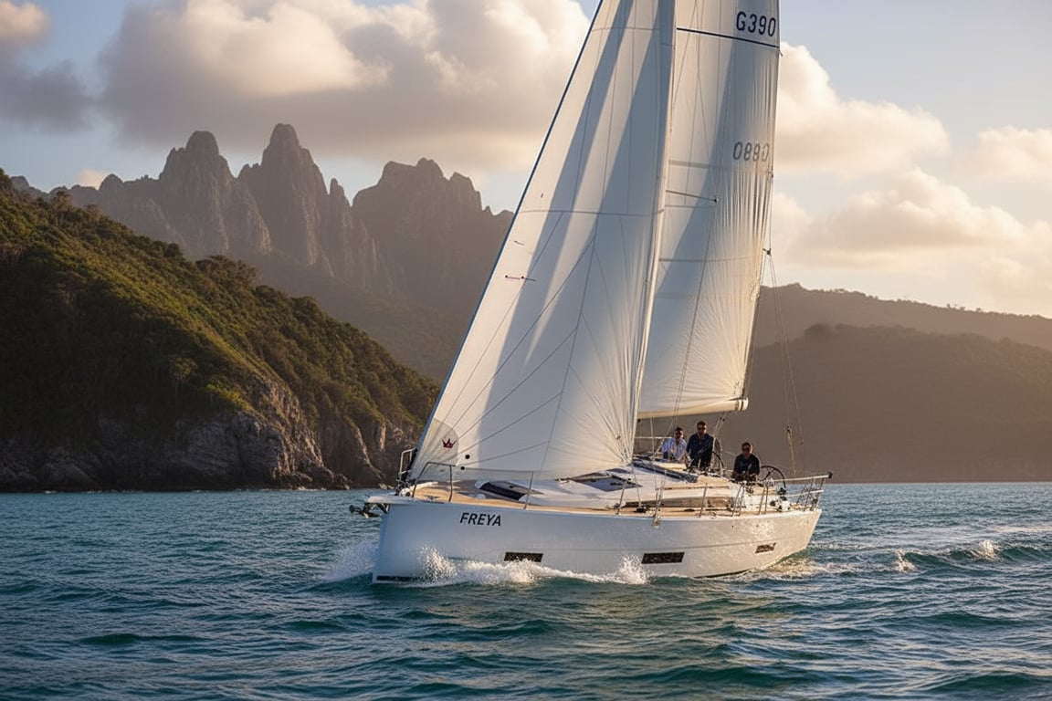 Dufour 390 Grand Large under sail on open water, white sails full, blue sea, beam view in light winds