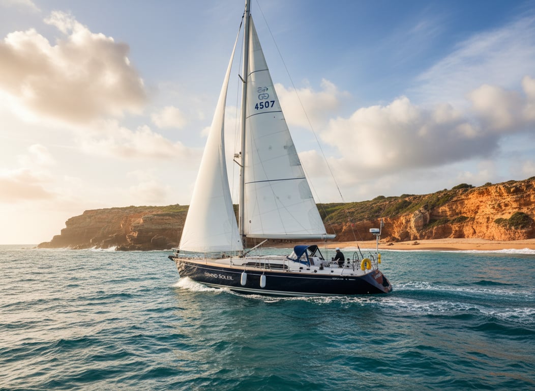 Grand Soleil 45 performance cruiser at sea, broadside view with billowing genoa, white hull and wooden deck