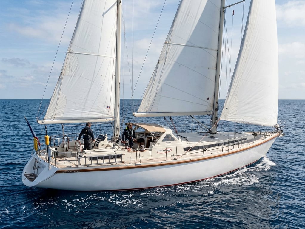 Amel Super Maramu underway with reefed sails showing good stability