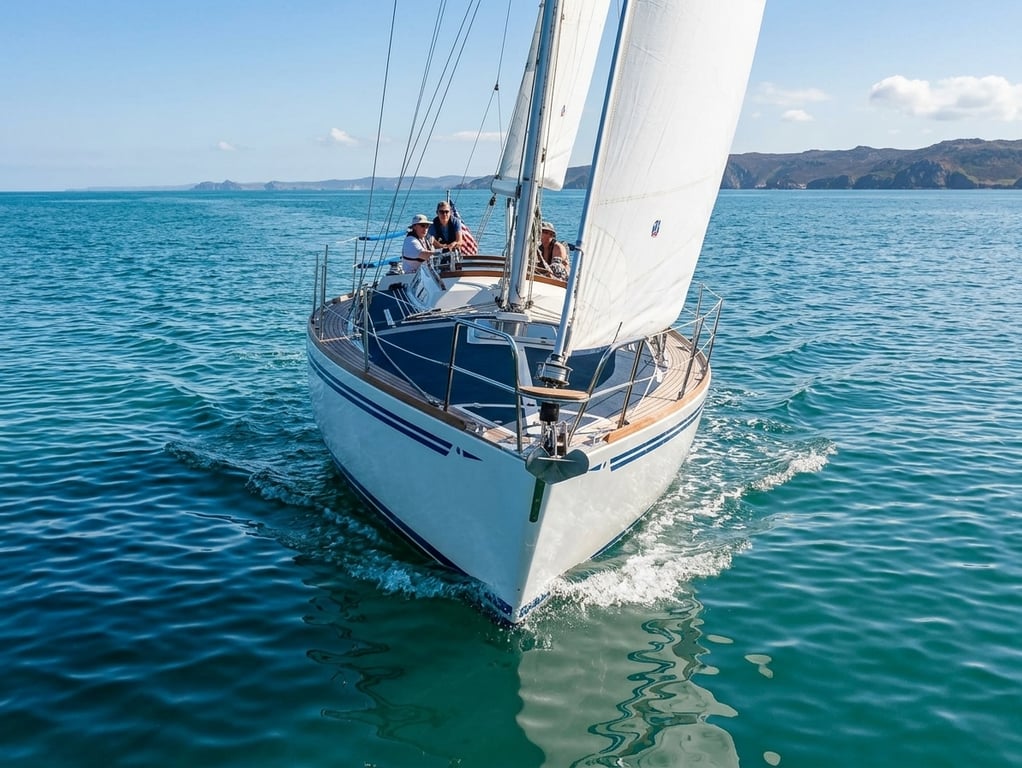 Aphrodite 101 heeled over during coastal sailing test with crew trimming