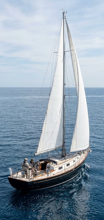 Westsail Safari 37 sailboat heeled under reefed main and genoa on choppy seas
