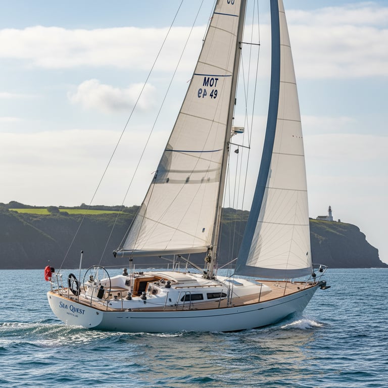 Motiva 49 motor yacht cruising open blue waters, aerial view showing streamlined hull and spacious flybridge