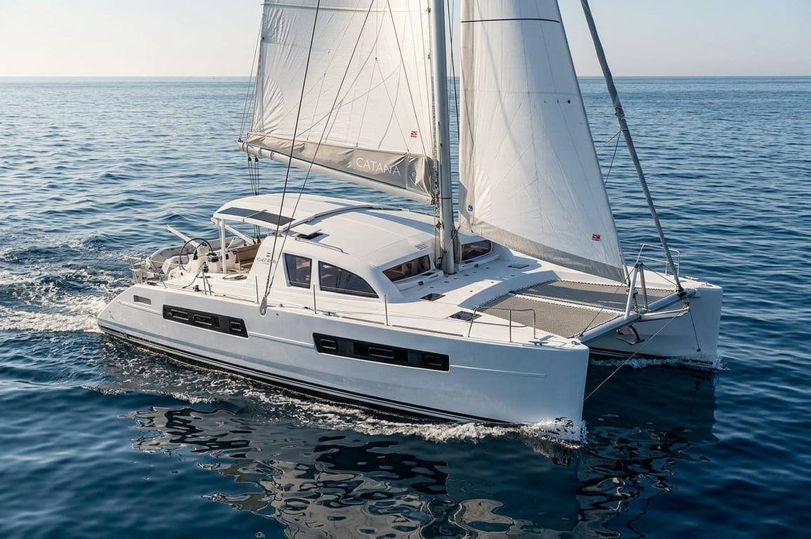 Catana 47 sailing fast downwind with large spinnaker in moderate breeze