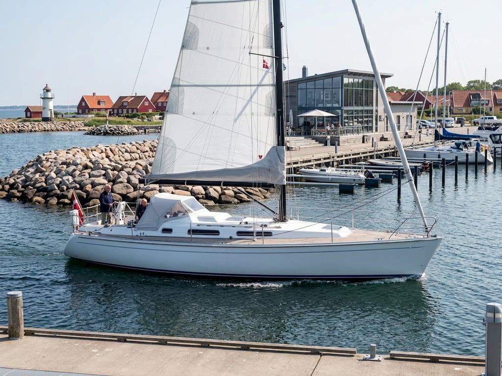 Close-up of Faurby 396 hull showing smooth lines and teak detailing