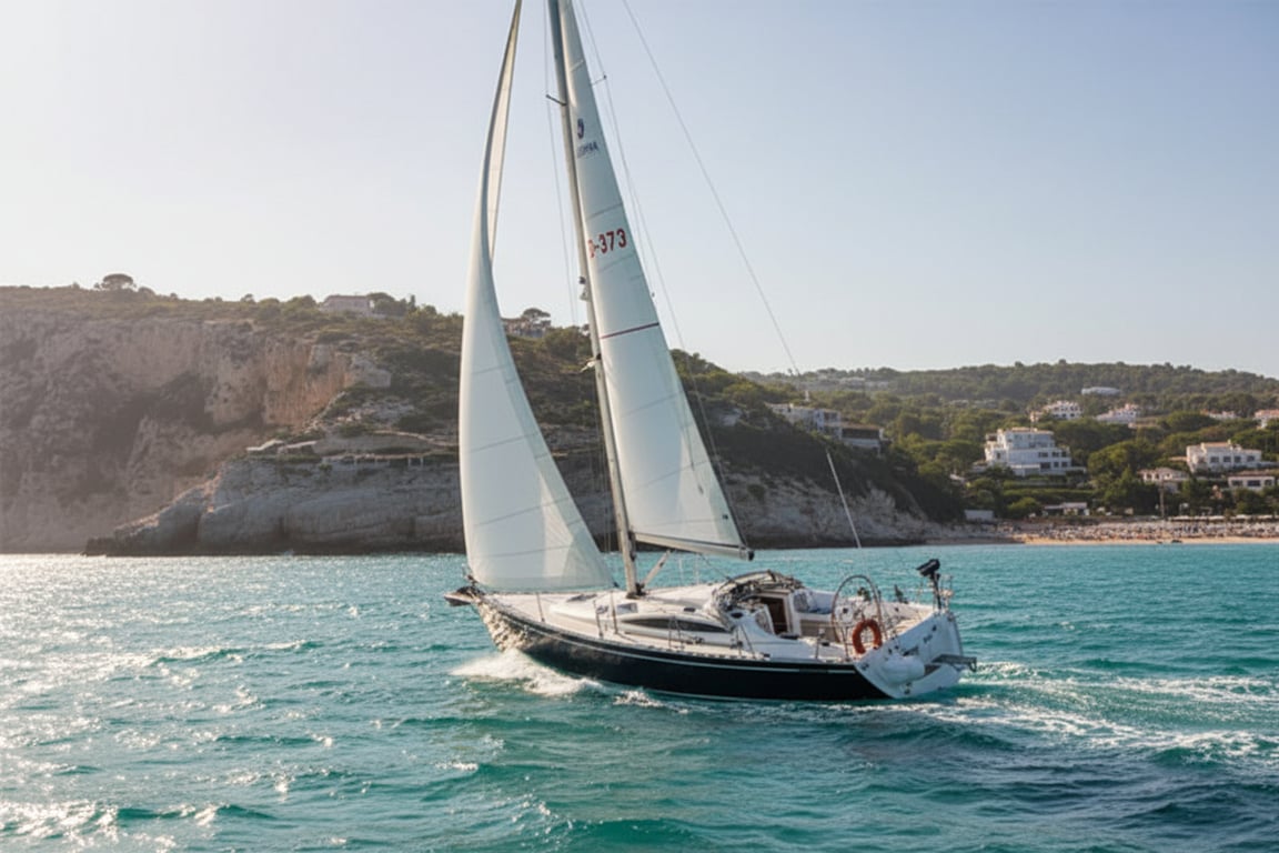 Delphia 37.3 sailing yacht underway on calm sea, fully battened mainsail, furling genoa, blue water backdrop