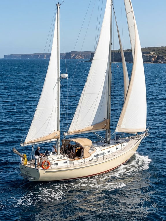 Close view of robust fiberglass hull and deck on Whitby 42 ketch