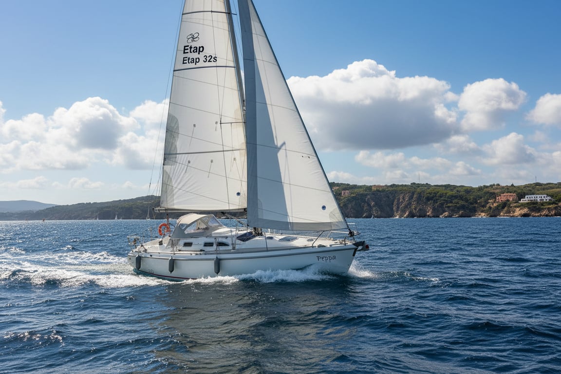 Etap 32s sailing yacht with white hull and red stripes, broadside view on calm open water