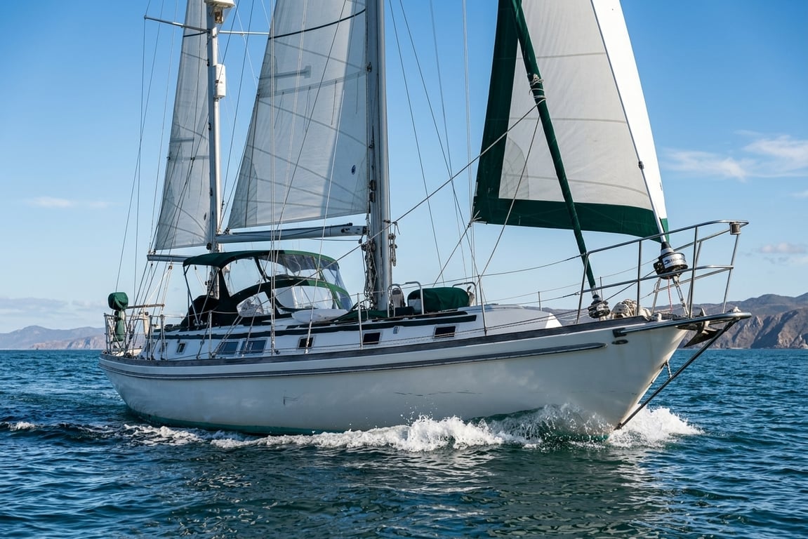 Gulfstar 50 sailing downwind with full sails set on a bluewater passage.