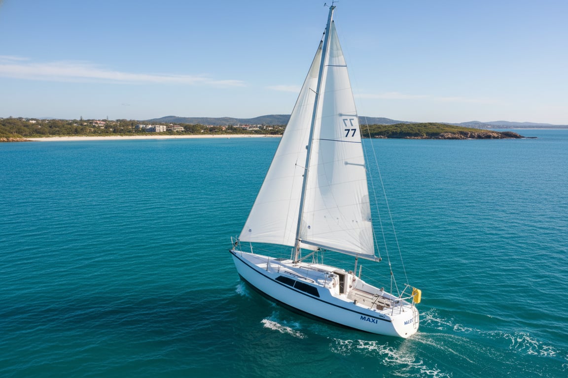 Maxi 77 performance sloop sailing downwind with colorful gennaker, heeling in choppy seas