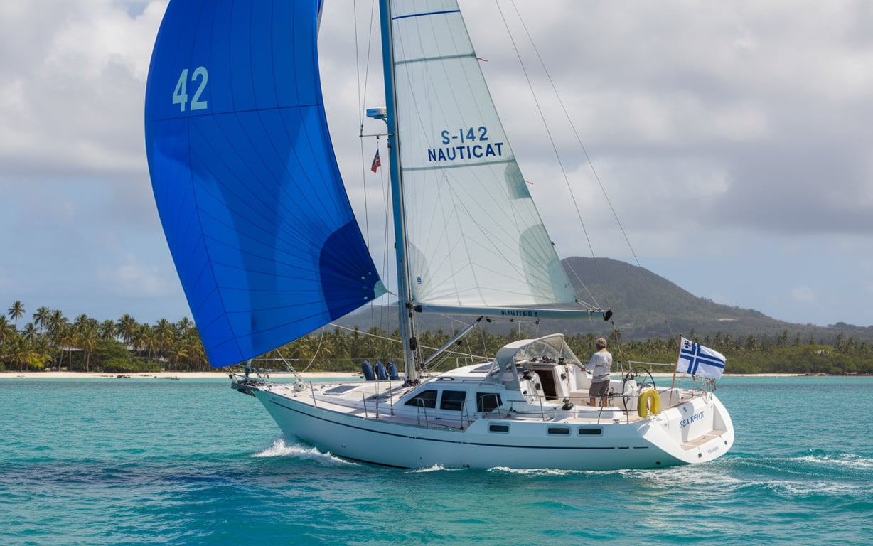 Nauticat 42 yacht at anchor in calm harbor, port side view, teak deck, white superstructure