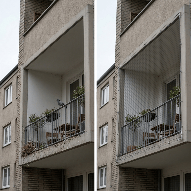 Lückenlose Vernetzung eines Balkons zur Vogelabwehr in Dortmund