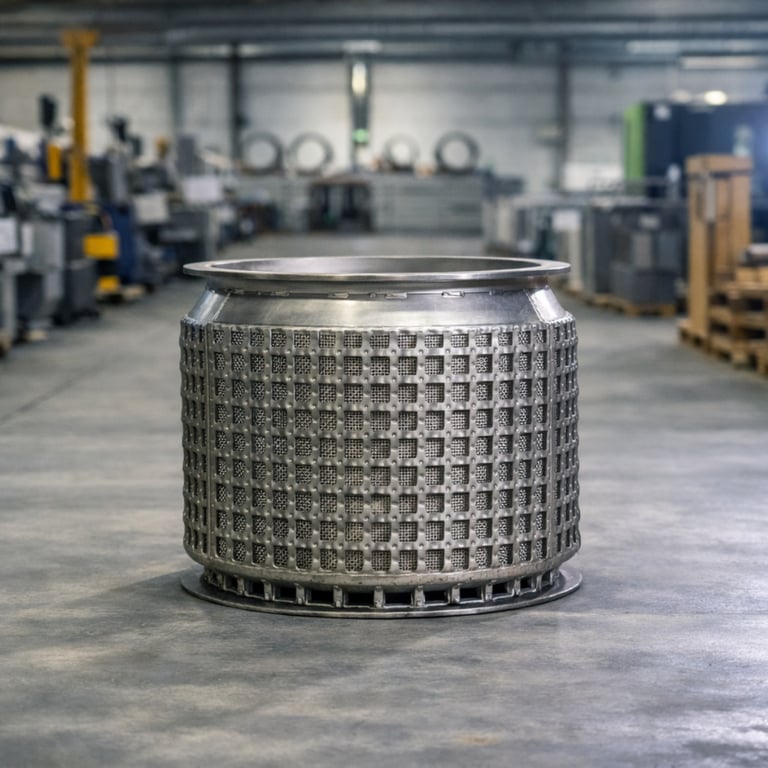 Siebkorb mit Lochblechstruktur aus Edelstahl V4A - hochpräzise Zentrifugentechnik für industrielle Trennprozesse, ISO 3834-3 zertifiziert, über 30 Jahre Spezialist