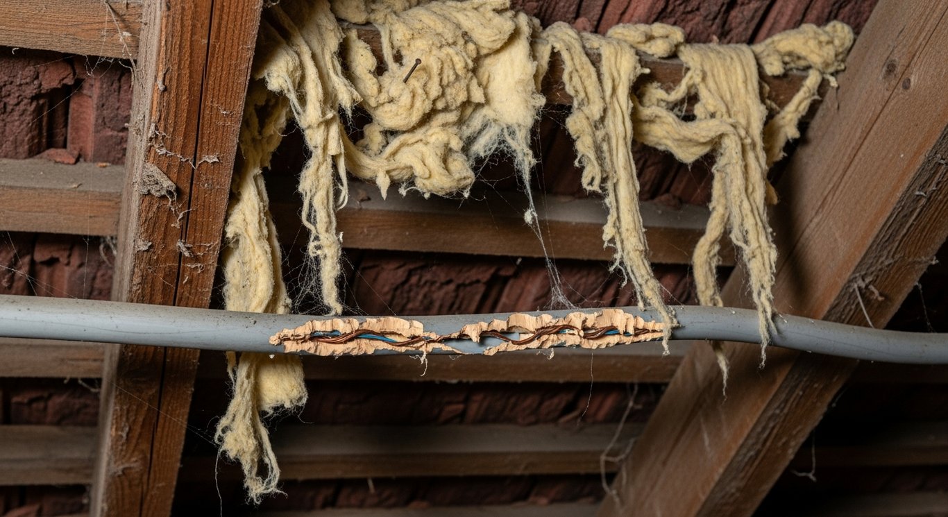 Marderschäden auf dem Dachboden an Dämmung und Leitungen