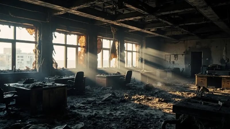 Commercial fire and smoke damage restoration team at work