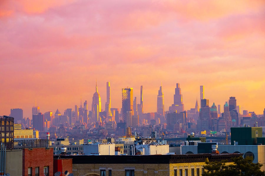 New York City Sunrise Panorama - Soft Pink Sky Horizon Art