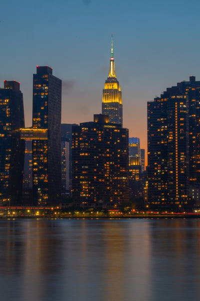 Empire State Building Dusk Reflection - NYC Waterfront Cityscape Art