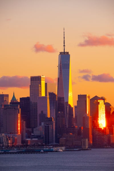 Freedom Tower Golden Reflection Lower Manhattan Sunset Cityscape